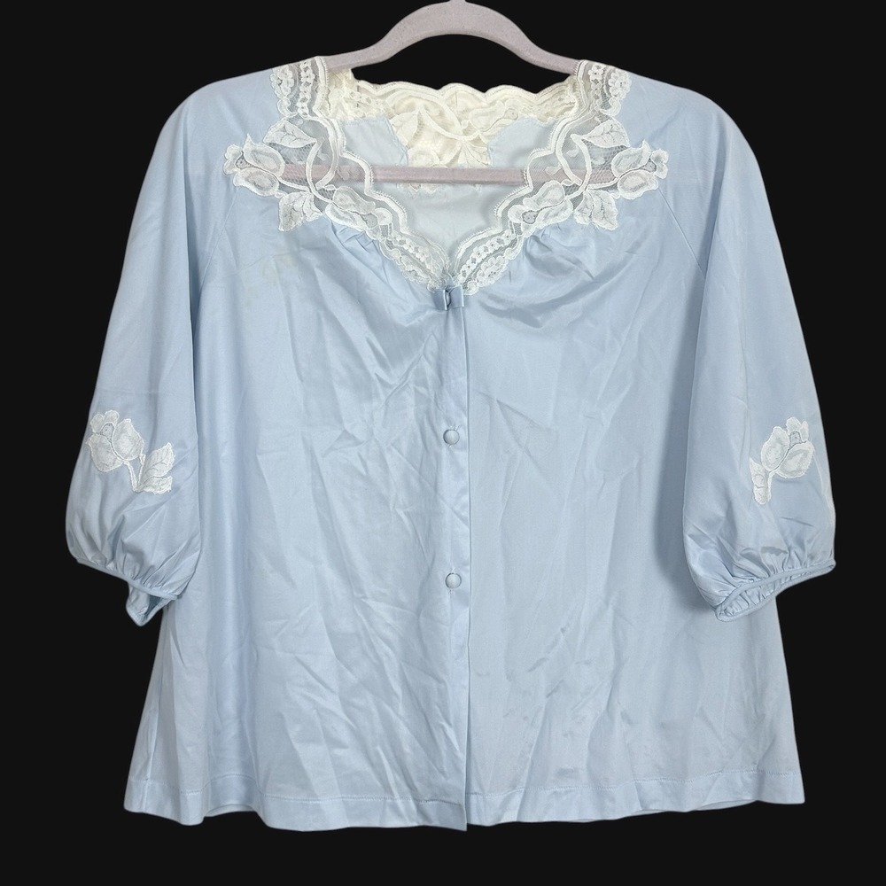Vintage Kayser Blue Nylon Bed Jacket Lace Trim Floral Applique Medium USA Made